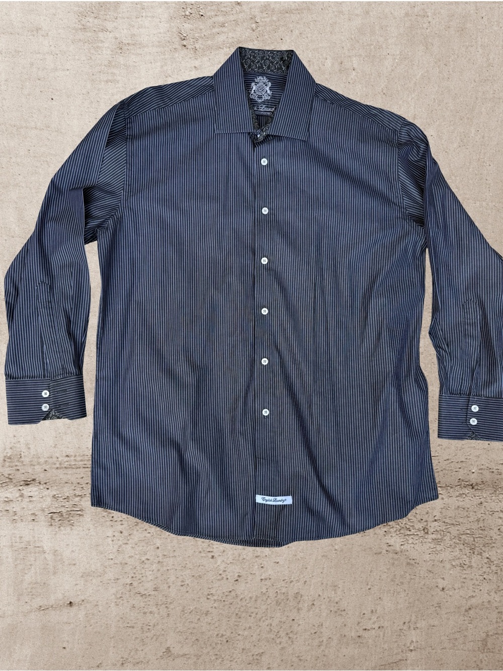 English Laundry Men's 17 32/33 Black Pinstripe Dress Shirt Crest Embroidered